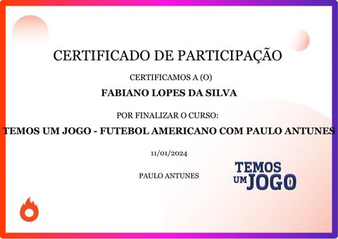 Certificado de participação de Fabiano no curso Temos Um Jogo