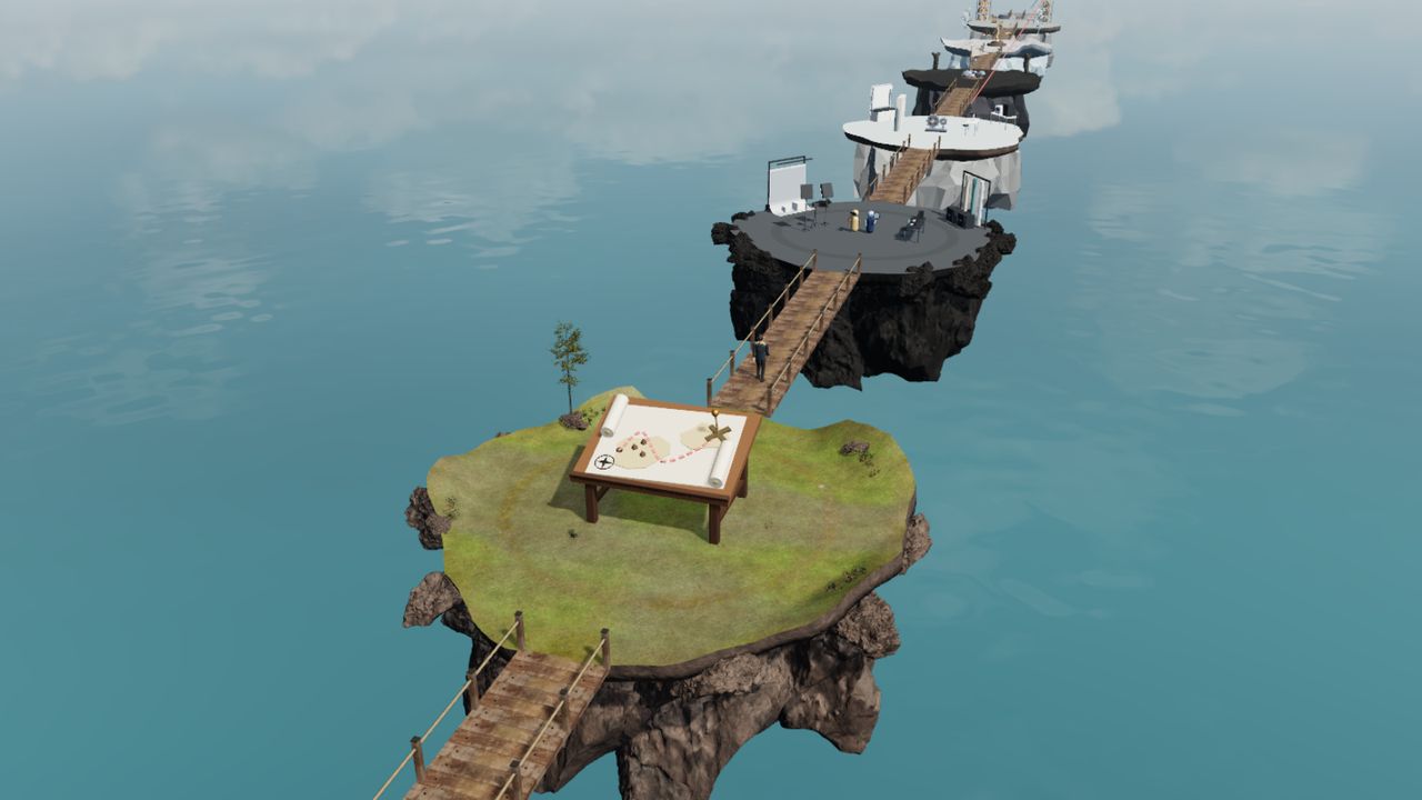 Passeio em 3D: ilhas ligadas por pontes, uma para cada estação, começando pelo mapa do campo.